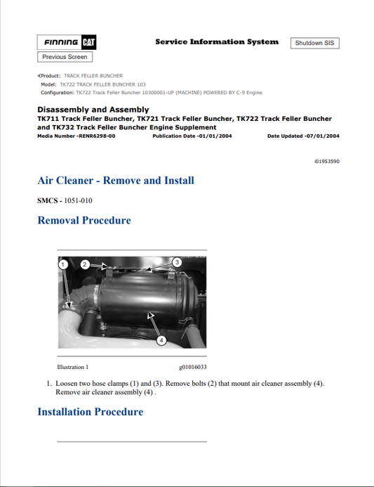 Caterpillar Cat TK722 Track Feller Buncher Service and Repair Manual PDF | S/N 103