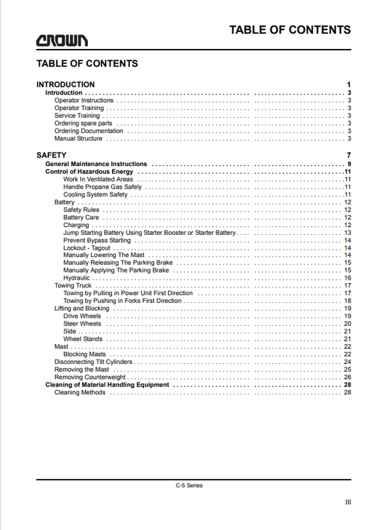 Crown C-5 Series LPG Cushion Forklift Maintenance Manual - PDF File Download