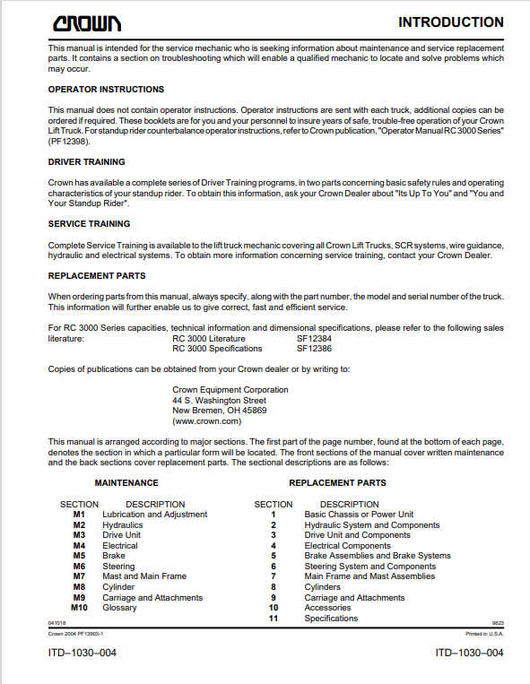 Crown Forklift RC 3000 Counter Balanced Service Repair Manual - PDF File Download