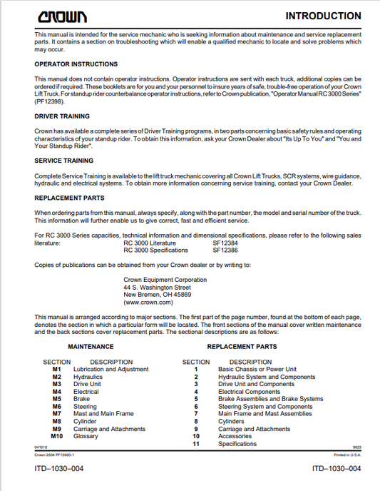 Crown Forklift RC 3000 Counter Balanced Service Repair Manual - PDF File Download
