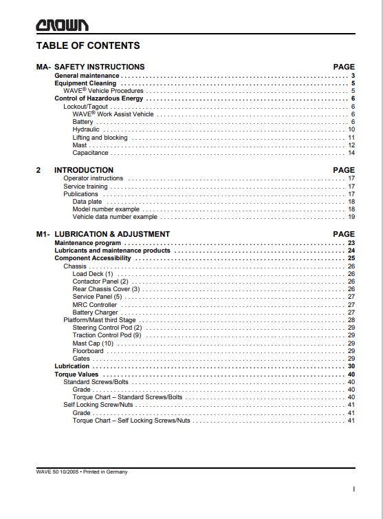 Crown WAVE 50 Series Forklift Service Repair Manual - PDF File Download