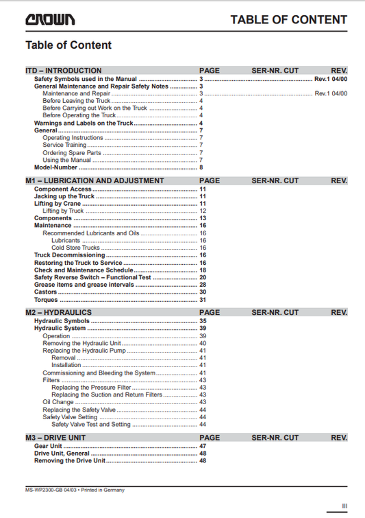Crown WP 2300 Series Forklift Maintenance Service Repair Manual - PDF File Download