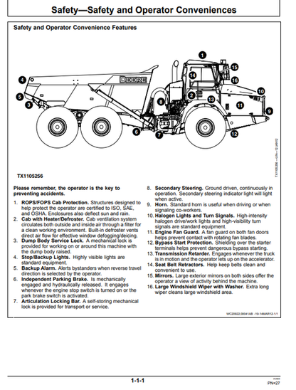 Download John Deere 370E, 410E and 460E Articulated Dump Truck Operator Manual OMT331714X19 PDF with operating, safety and maintenance information.