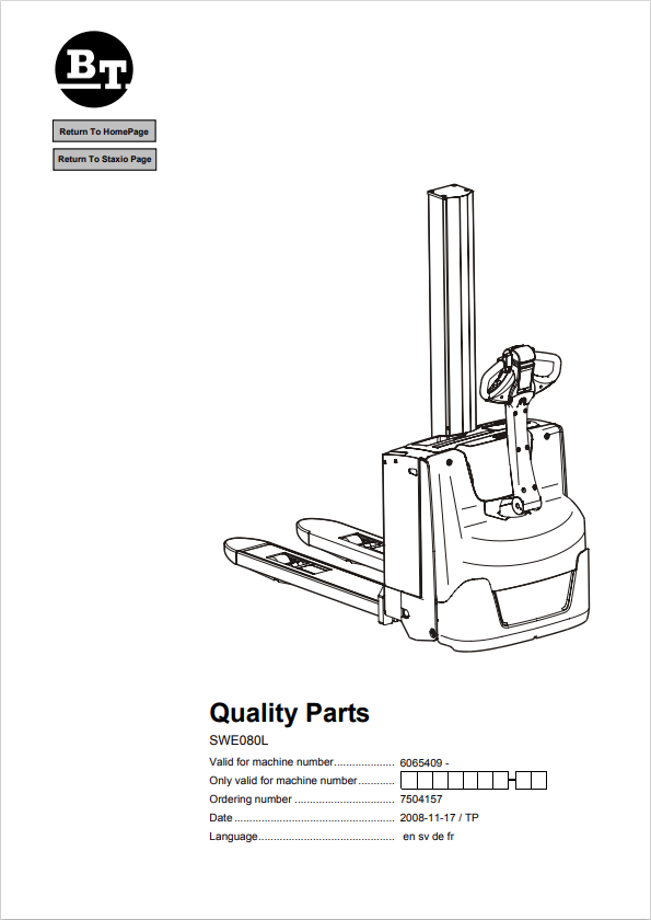 BT FORKLIFT SWE080L QUALITY PARTS MANUAL PDF