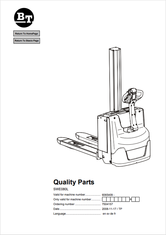 BT FORKLIFT SWE080L QUALITY PARTS MANUAL PDF
