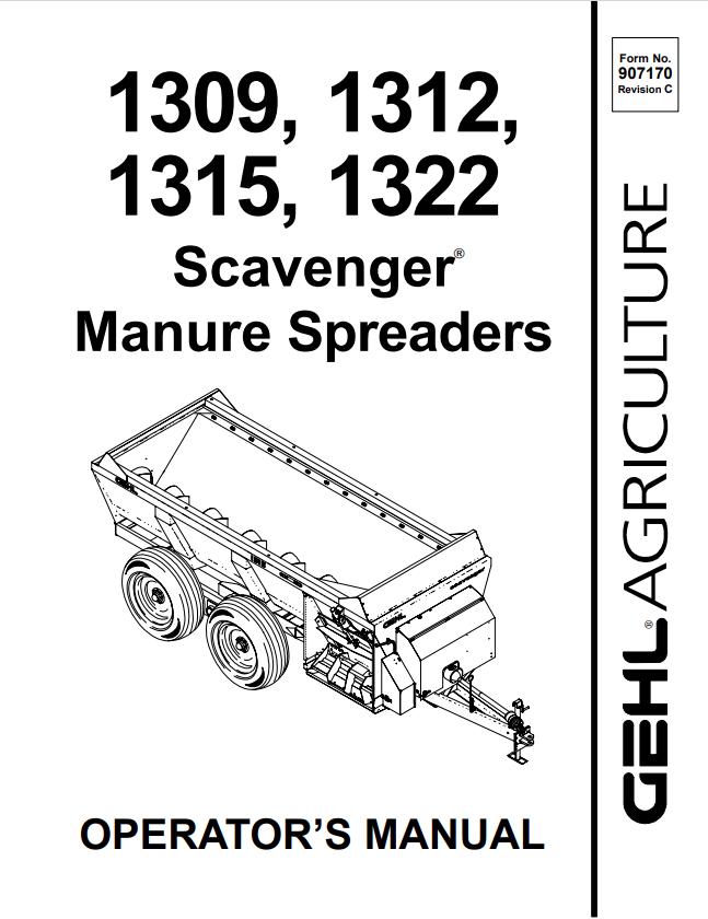 GEHL 1309, 1312, 1315, 1322 SCAVENGER MANURE SPREADER OPERATOR MANUAL 907170- PDF