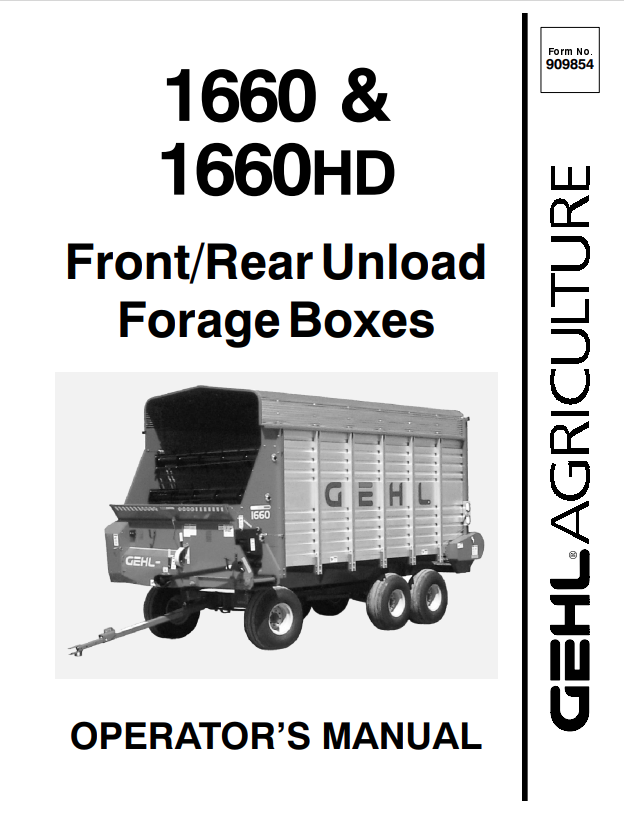 GEHL 1660, 1660HD FRONT/REAR UNLOAD FORAGE BOX OPERATOR MANUAL 909854- PDF