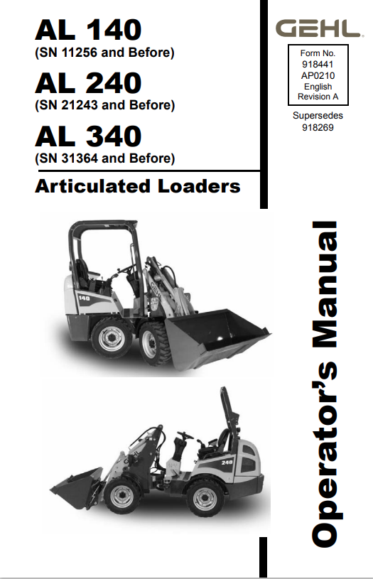 GEHL AL140, AL240, AL340 ARTICULATED LOADER OPERATOR MANUAL 918441 - PDF