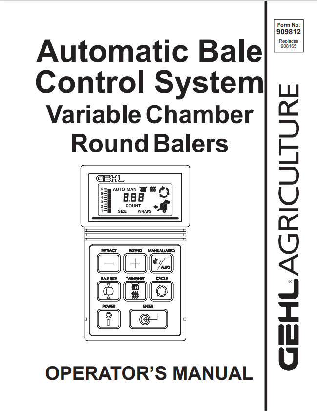 GEHL AUTOMATIC BALE CONTROL SYSTEM VARIABLE CHAMBER ROUND BALER OPERATOR MANUAL 909812- PDF