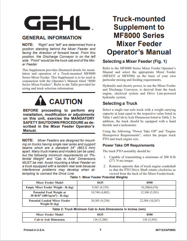 GEHL MF8000 SERIES MIXER FEEDER OPERATOR MANUAL 907122- PDF