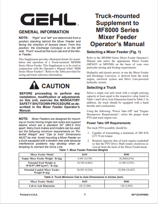 GEHL MF8000 SERIES MIXER FEEDER OPERATOR MANUAL 907122- PDF