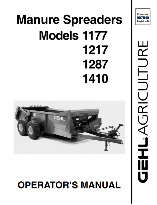 GEHL MODEL 1177, 1217, 1287, 1410 MANURE SPREADER OPERATOR MANUAL 907540- PDF