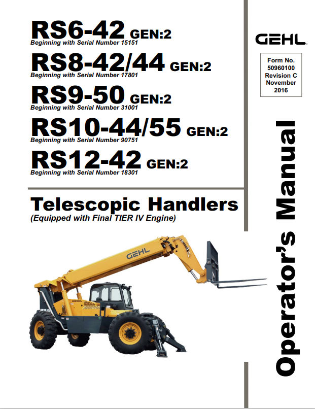 GHEL RS6-42 GEN:2, RS8-42/44 GEN:2, RS9-50 GEN:2, RS10-44/55 GEN:2, RS12-42 GEN:2 TELESCOPIC HANDLER OPERATOR MANUAL 50960100 - PDF
