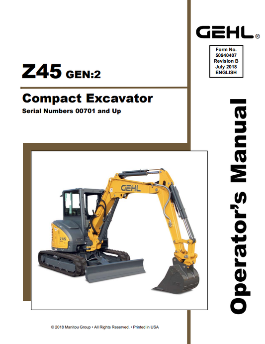 GHEL Z45 GEN : 2 COMPACT EXCAVATOR OPERATOR MANUAL 50940407 - PDF