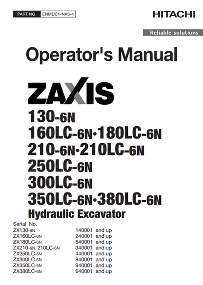 Hitachi Zaxis 130-6N to 380LC-6N Hydraulic Excavator Operator Manual