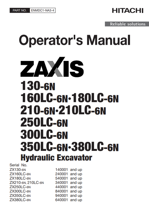 Hitachi Zaxis 130-6N to 380LC-6N Hydraulic Excavator Operator Manual