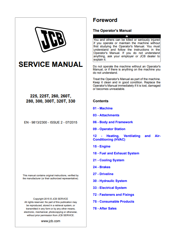 JCB 225, 225T, 260, 260T, 280, 300, 300T, 320T, 330 Service Manual 9813/2300 PDF