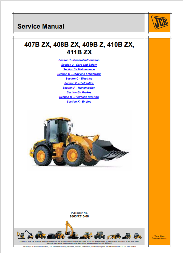 JCB 407B ZX, 408B ZX, 409B Z, 410B ZX, 411B ZX Service Manual 9803/4210-08 PDF