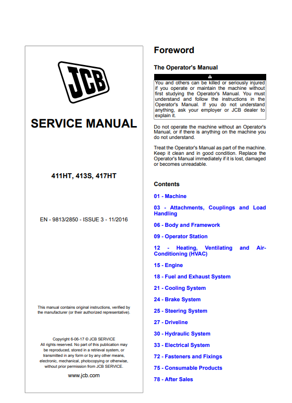 JCB 411HT, 413S, 417HT Service Manual 9813/2850 PDF