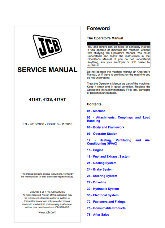 JCB 411HT, 413S, 417HT Service Manual 9813/2850 PDF
