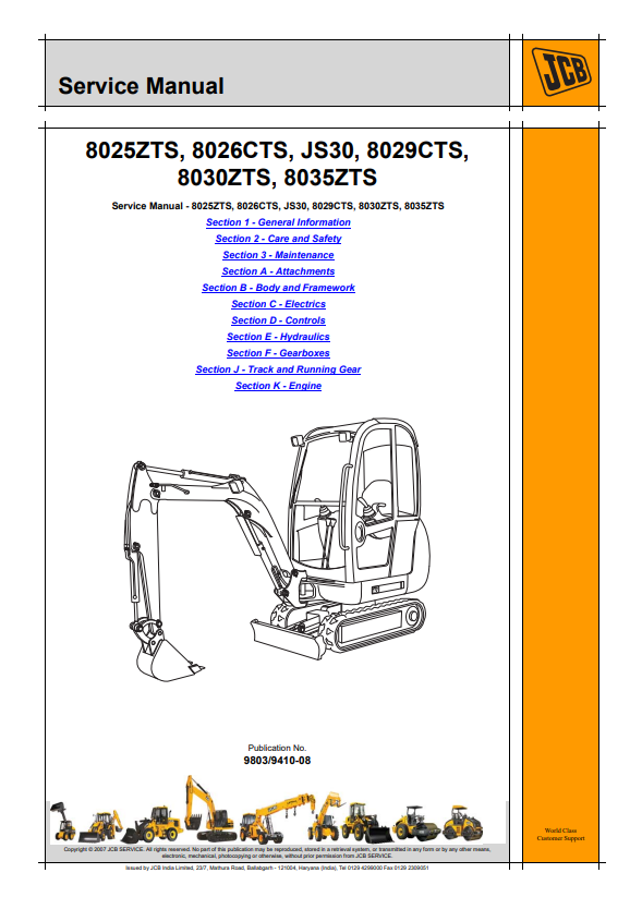 JCB 8025ZTS, 8026CTS, JS30, 8029CTS, 8030ZTS, 8035ZTS Service Manual 9803/9410-08 PDF