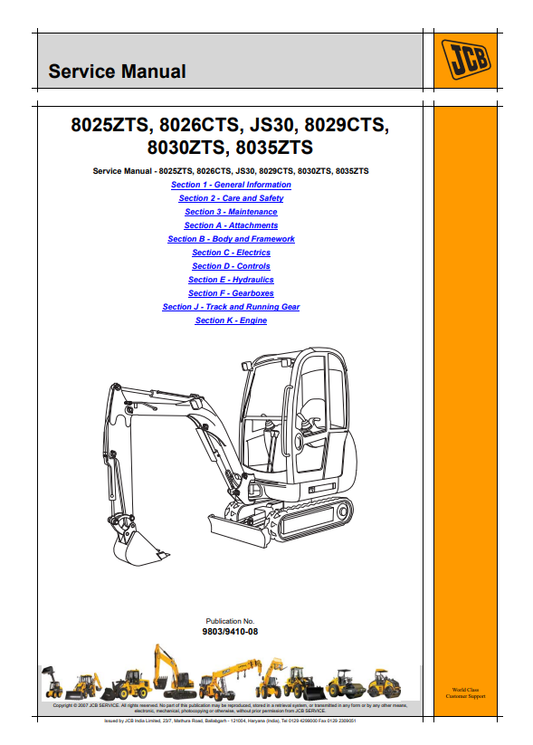 JCB 8025ZTS, 8026CTS, JS30, 8029CTS, 8030ZTS, 8035ZTS Service Manual 9803/9410-08 PDF