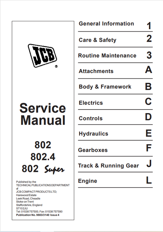 JCB 802, 802.4, 802 Super Service Manual 9803/3140 PDF 