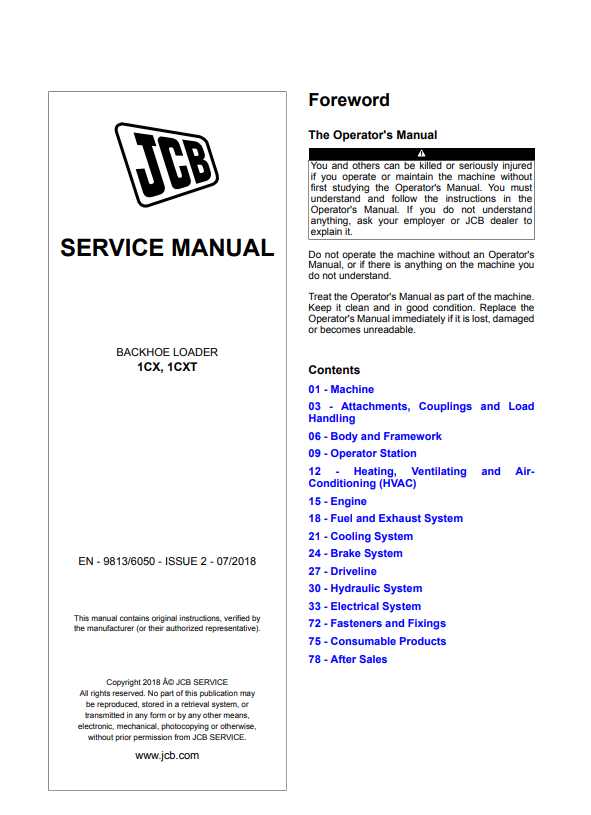 JCB Backhoe Loader 1CX, 1CXT Service Manual 9813/6050 PDF