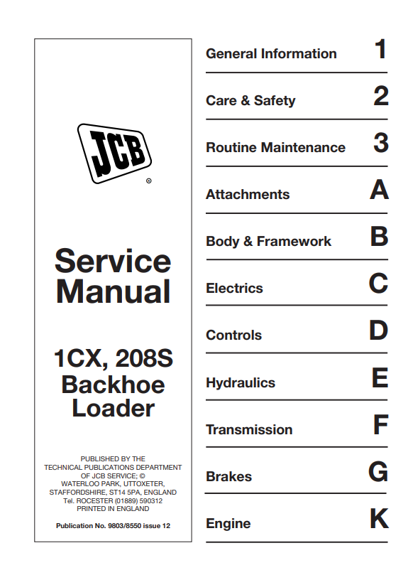 JCB Backhoe Loader 1CX, 208S Service Manual 9803/8550 PDF