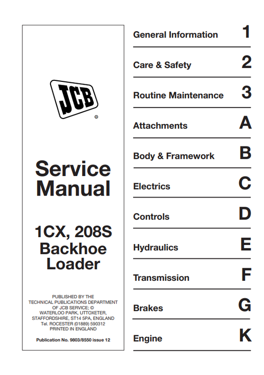JCB Backhoe Loader 1CX, 208S Service Manual 9803/8550 PDF