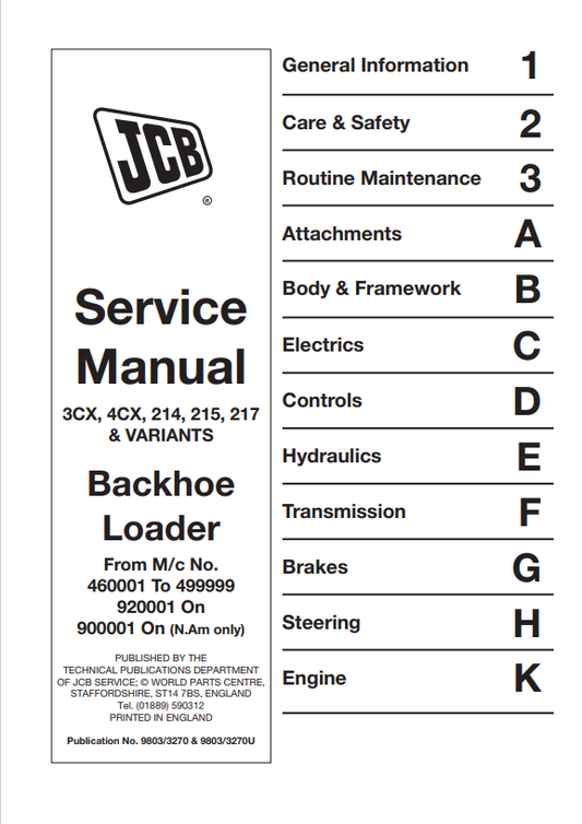 JCB Backhoe Loader 3CX, 4CX, 214, 215, 217 & Variants Service Manual 9803/3270 & 9803/3270U PDF