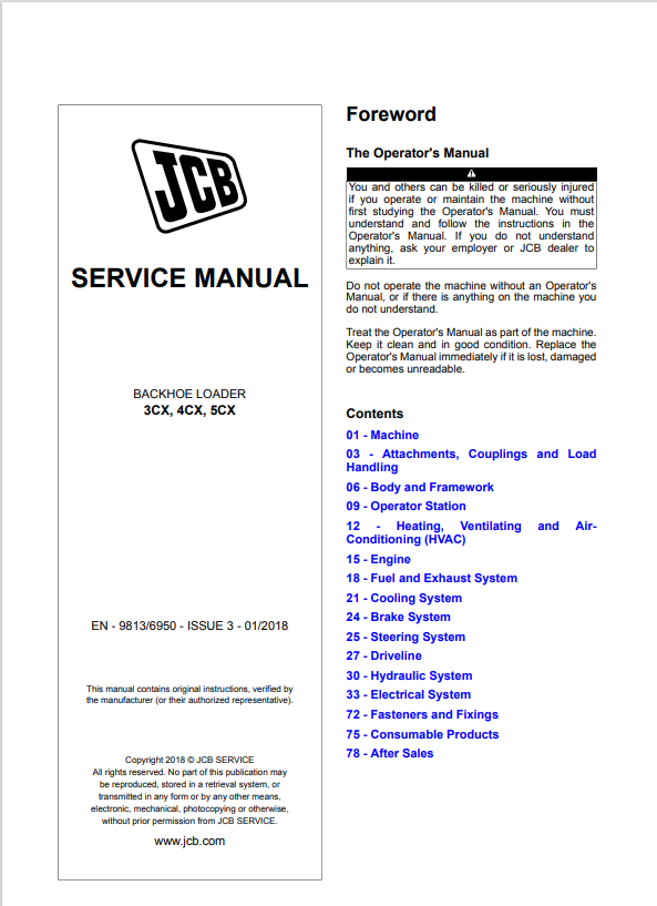JCB Backhoe Loader 3CX, 4CX, 5CX Service Manual 9813/6950 