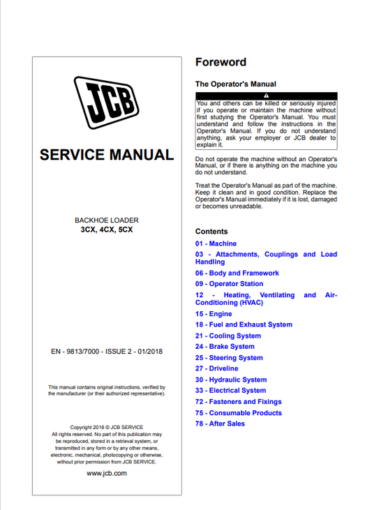 JCB Backhoe Loader 3CX, 4CX, 5CX Service Manual 9813/7000 PDF