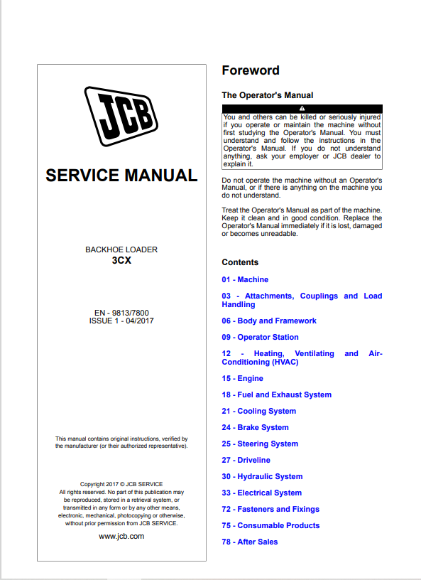 JCB Backhoe Loader 3CX Service Manual 9813/7800 PDF