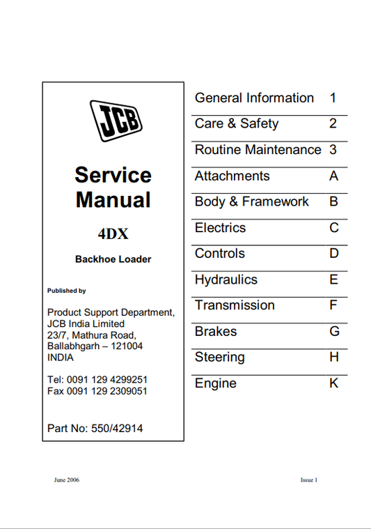 JCB Backhoe Loader 4DX Service Manual 550/42914 PDF