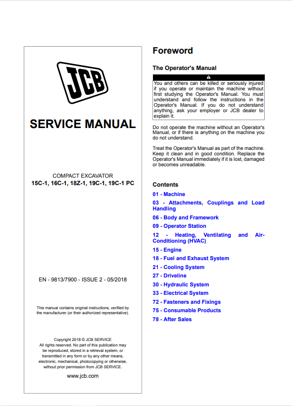 JCB Compact Excavator 15C-1, 16C-1, 18Z-1, 19C-1, 19C-1 PC Service Manual 9813/7900 PDF