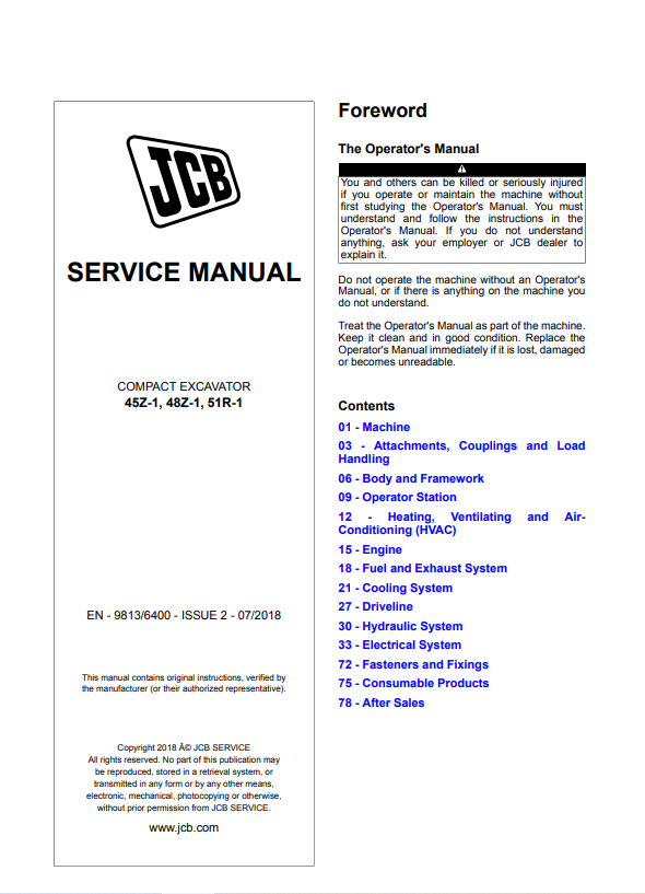 JCB Compact Excavator 45Z-1, 48Z-1, 51R-1 Service Manual 9813/6400 PDF