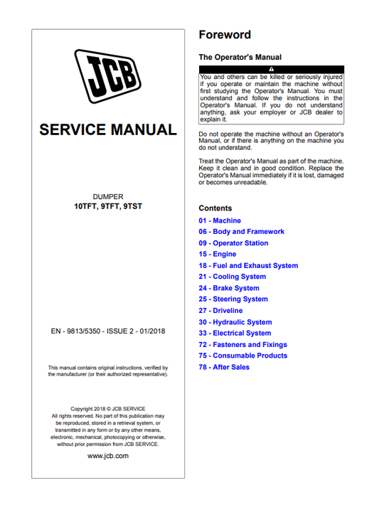 JCB Dumper 10TFT, 9TFT, 9TST Service Manual 9813/5350 PDF