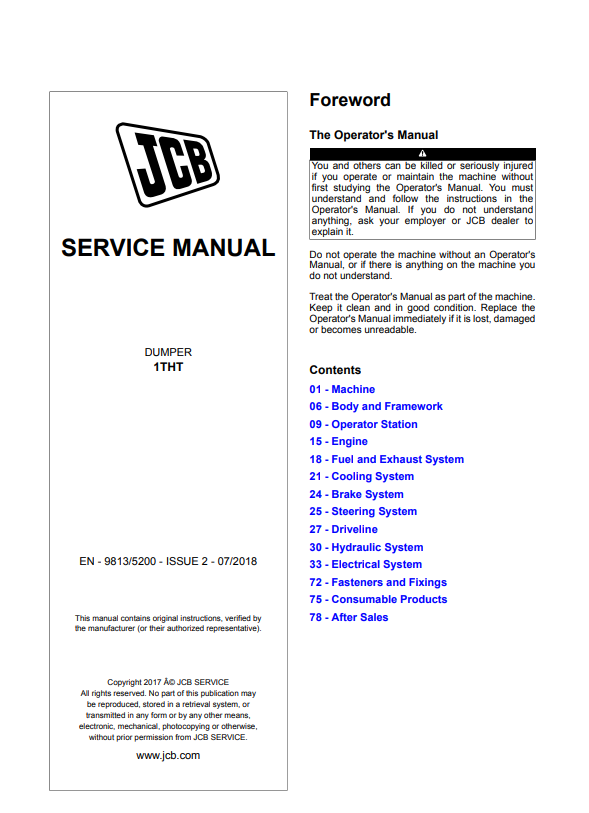 JCB Dumper 1THT Service Manual 9813/5200 PDF