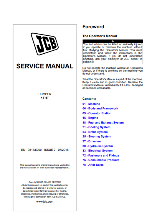JCB Dumper 1THT Service Manual 9813/5200 PDF