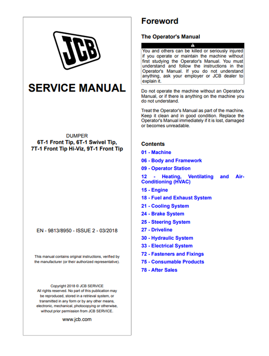 JCB Dumper 6T-1 Front Tip, 6T-1 Swivel Tip,7T-1 Front Tip Hi-Viz, 9T-1 Front Tip Service Manual 9813/8950 PDF