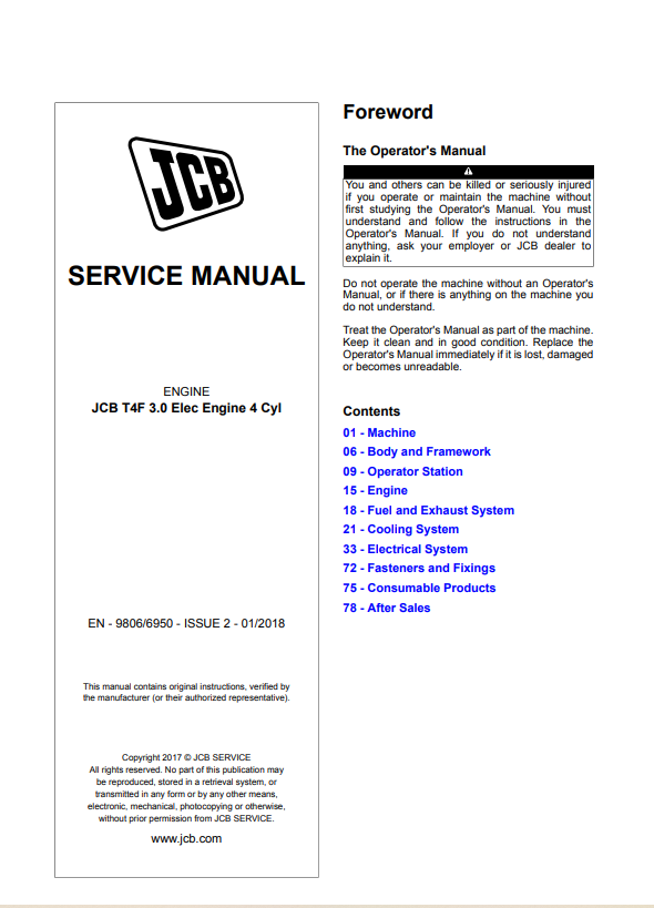 JCB Engine JCB T4F 3.0 Elec Engine 4 Cyl Service Manual 9806/6950 PDF