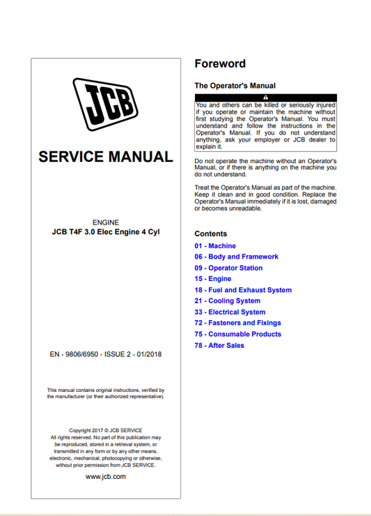 JCB Engine JCB T4F 3.0 Elec Engine 4 Cyl Service Manual 9806/6950 PDF
