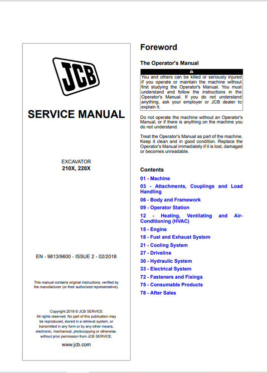 JCB Excavator 210X, 220X Service Manual 9813/9600 PDF