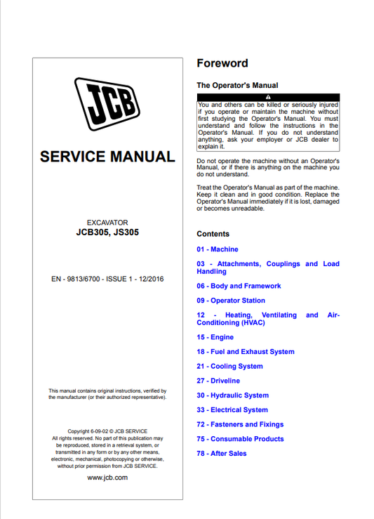 JCB Excavator JCB305, JS305 Service Manual 9813/6700 PDF