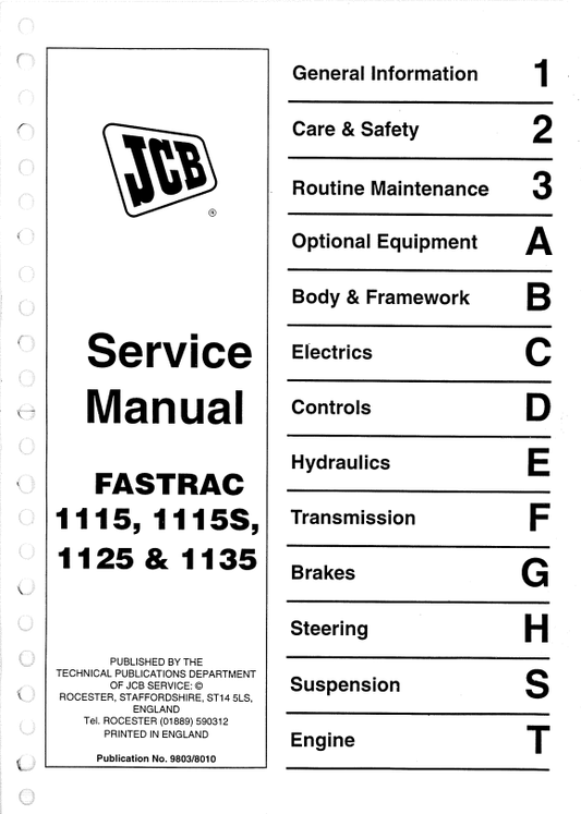 JCB FASTRAC 1115, 1115S, 1125 And 1135 Service Manual 9803/8010 PDF