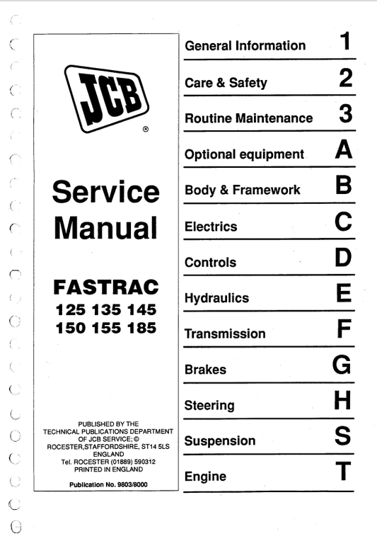 JCB FASTRAC 125, 135, 145, 150, 155, 185 Service Manual 9803/8000 PDF