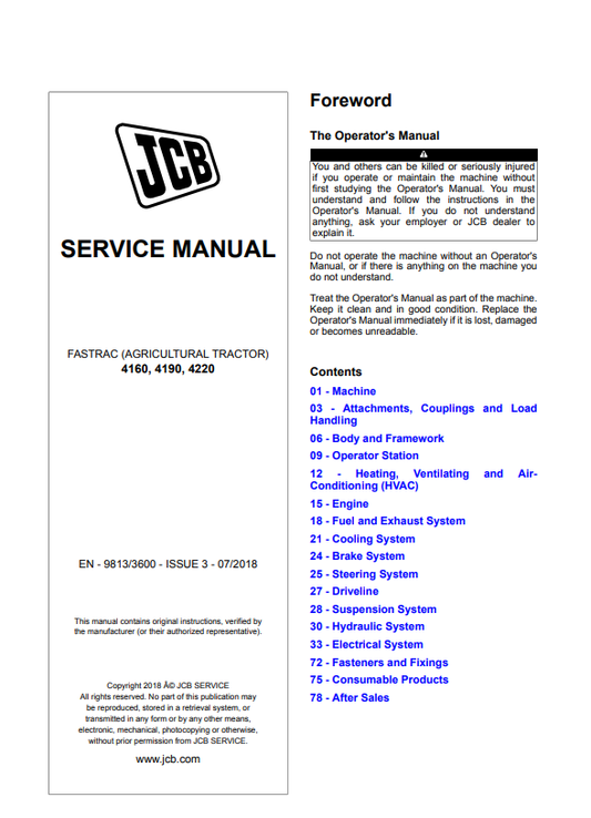 JCB Fastrac Agricultural Tractor 4160, 4190, 4220 Service Manual 9813/3600 PDF