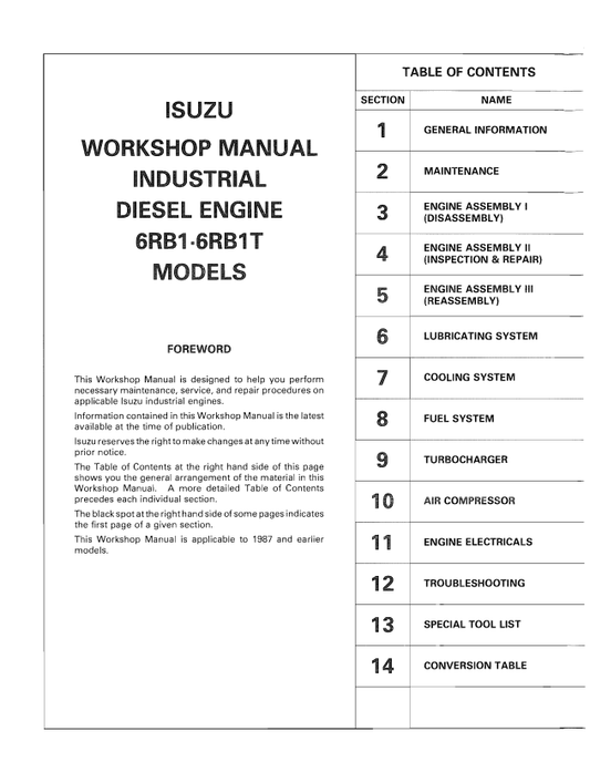 JCB ISUZU Industrial Diesel Engine 6RB1, 6RB1T Model Workshop Manual PDF