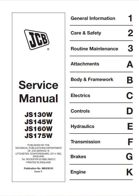 JCB JS130W, JS145W, JS160W, JS175W Service Manual 9803/6310 PDF